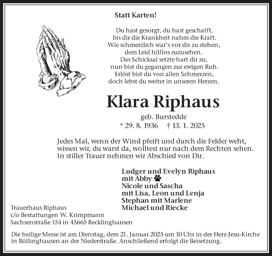 Traueranzeige von Klara Riphaus von Trauer Vest