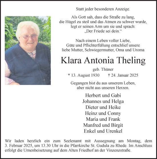 Traueranzeige von Klara Antonia Theling 