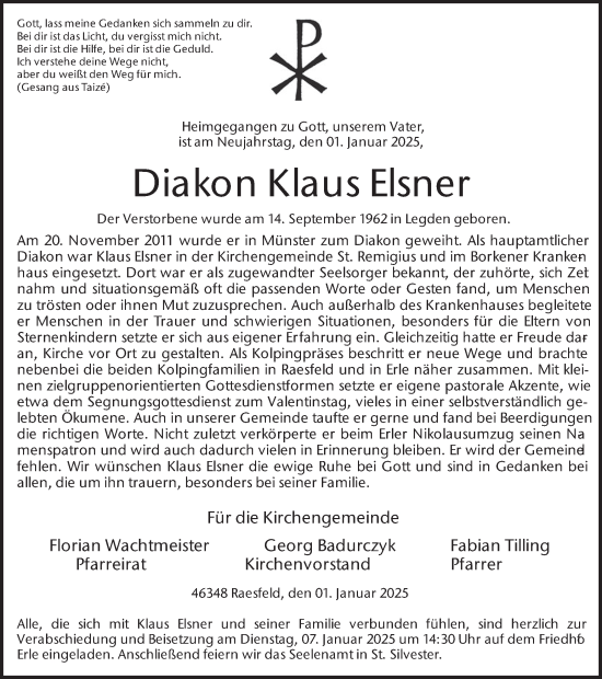Traueranzeige von Klaus Elsner von Ruhr Nachrichten und Dorstener Zeitung