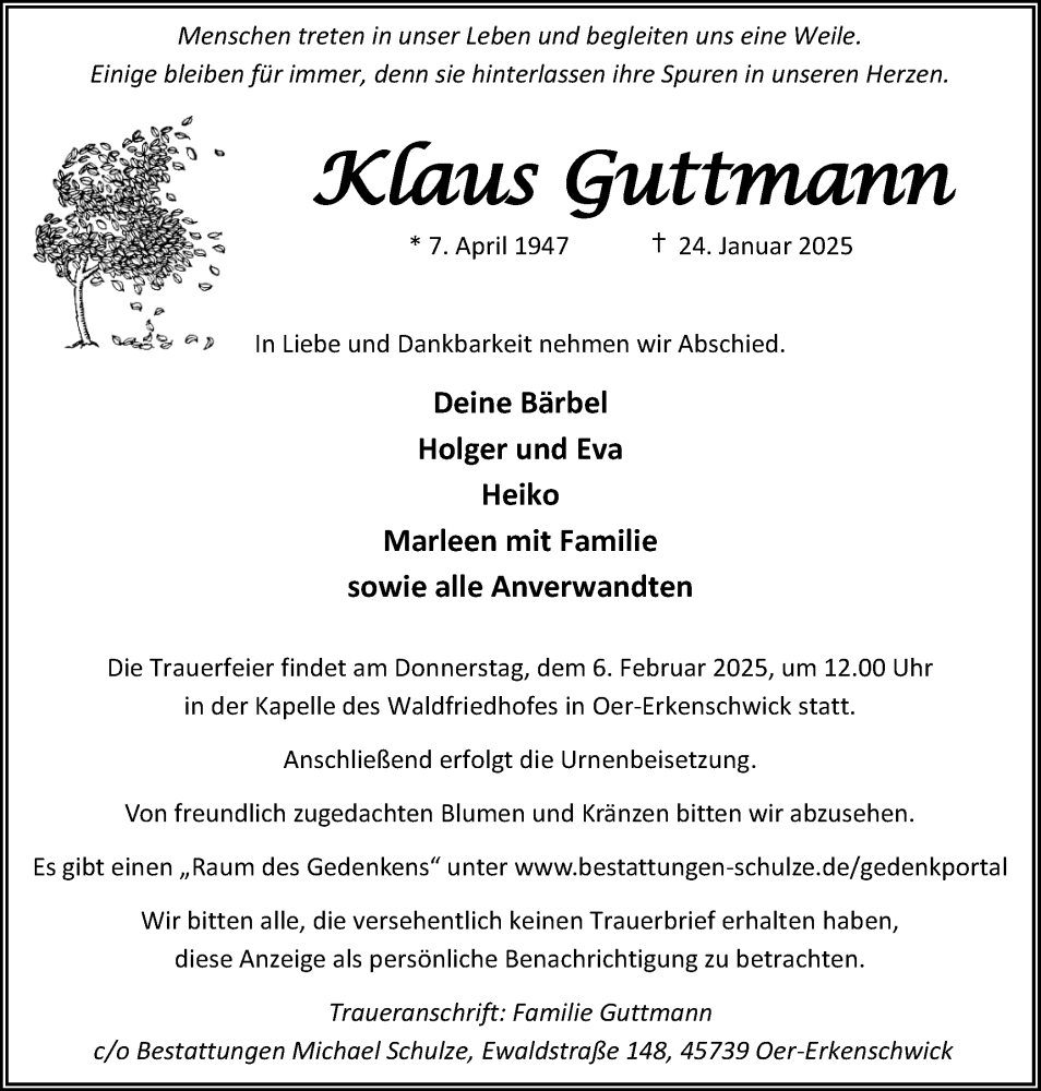  Traueranzeige für Klaus Guttmann vom 01.02.2025 aus Trauer Vest