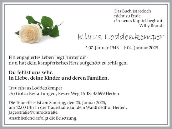 Traueranzeige von Klaus Loddenkemper von Ruhr Nachrichten