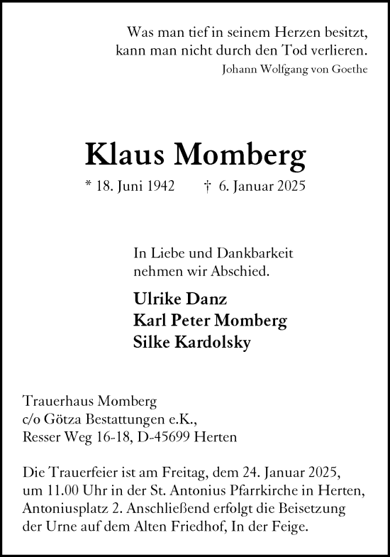 Traueranzeige von Klaus Momberg von Trauer Vest