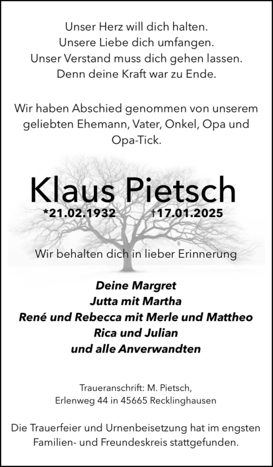 Traueranzeige von Klaus Pietsch von Trauer Vest