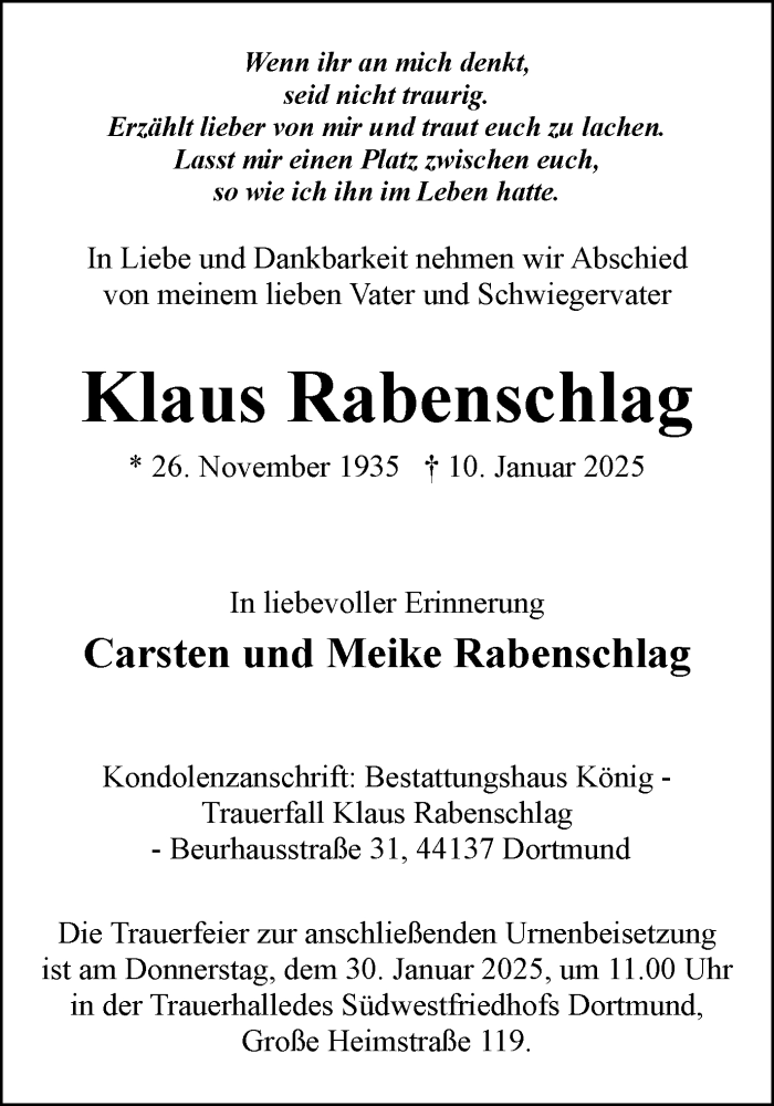  Traueranzeige für Klaus Rabenschlag vom 25.01.2025 aus Ruhr Nachrichten