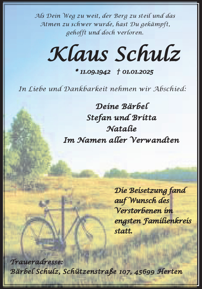  Traueranzeige für Klaus Schulz vom 18.01.2025 aus Trauer Vest