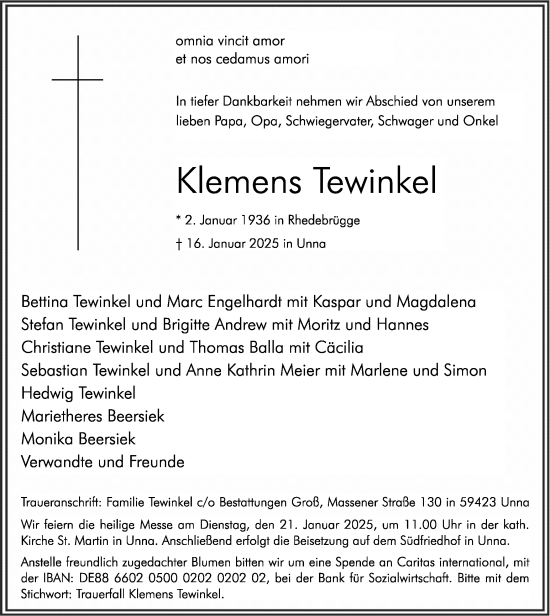 Traueranzeige von Klemens Tewinkel von Hellweger Anzeiger