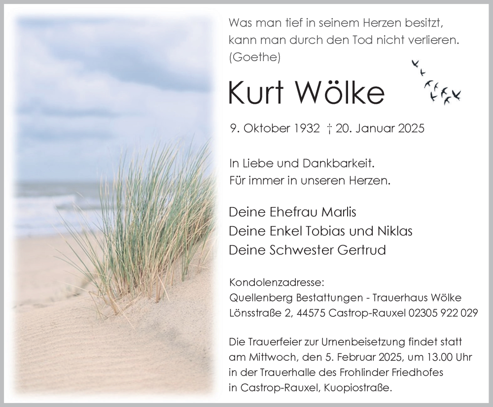  Traueranzeige für Kurt Wölke vom 01.02.2025 aus Stadtanzeiger Castrop-Rauxel