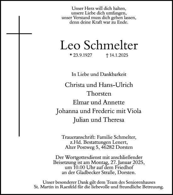 Traueranzeige von Leo Schmelter von Ruhr Nachrichten und Dorstener Zeitung