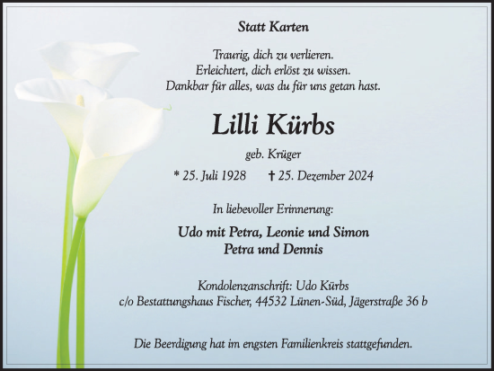 Traueranzeige von Lilli Kürbs von Lüner Anzeiger