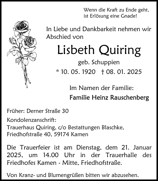 Traueranzeige von Lisbeth Quiring von Hellweger Anzeiger