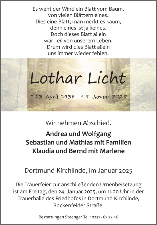 Traueranzeige von Lothar Licht von Ruhr Nachrichten