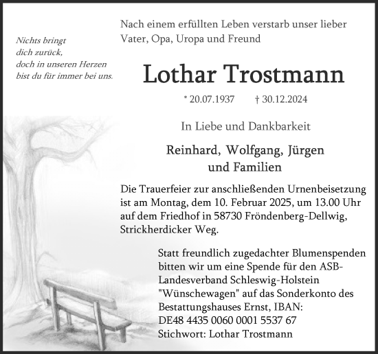 Traueranzeige von Lothar Trostmann von Hellweger Anzeiger