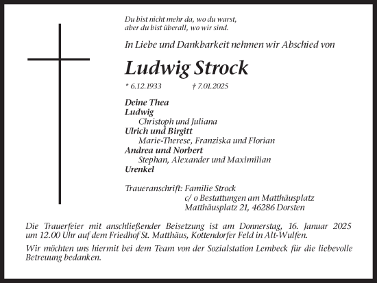 Traueranzeige von Ludwig Strock von Ruhr Nachrichten und Dorstener Zeitung