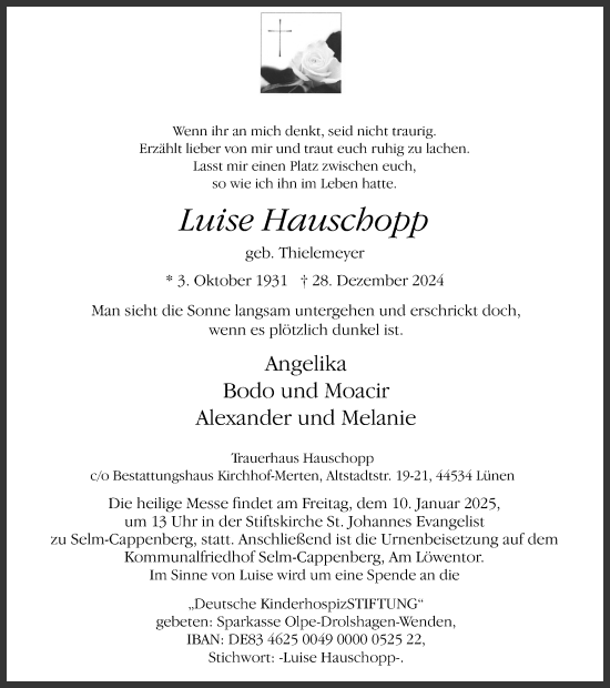 Traueranzeige von Luise Hauschopp von Ruhr Nachrichten