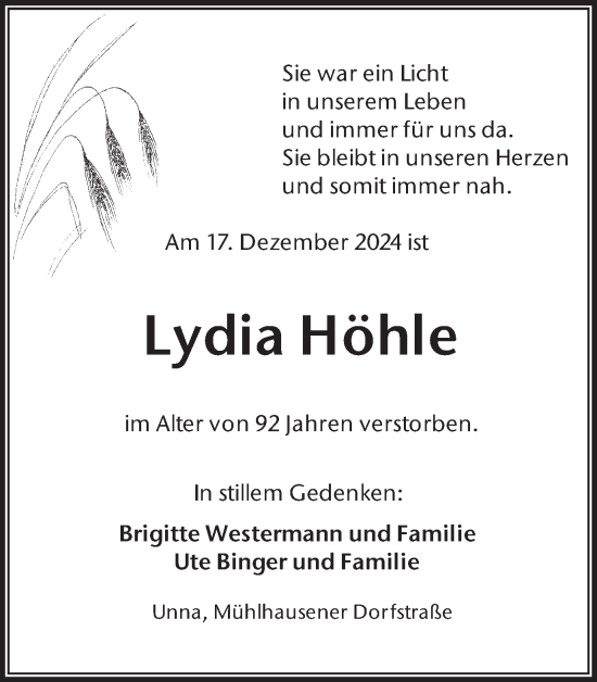 Traueranzeige von Lydia Höhle von Hellweger Anzeiger