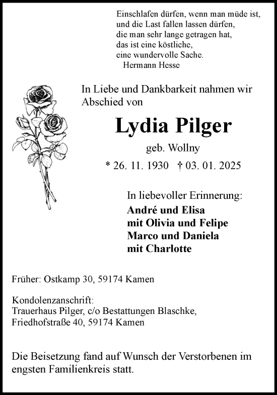 Traueranzeige von Lydia Pilger von Hellweger Anzeiger