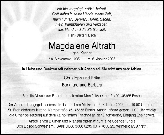 Traueranzeige von Magdalene Altrath von Ruhr Nachrichten und Dorstener Zeitung