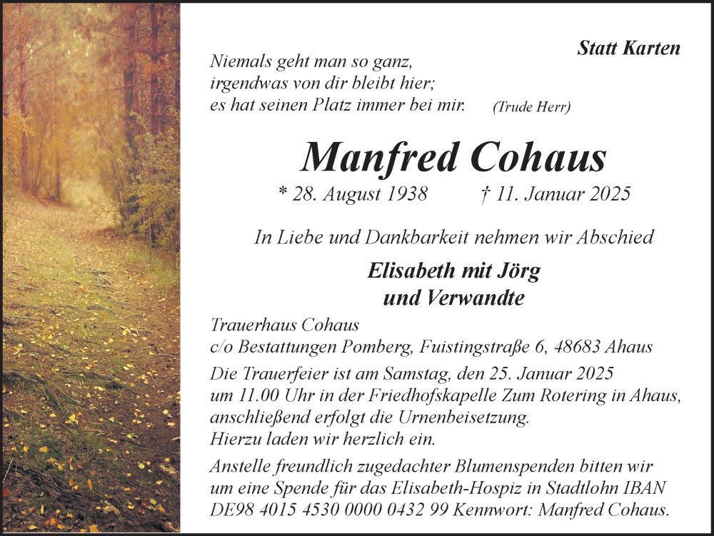 Traueranzeige für Manfred Cohaus vom 21.01.2025 aus Münsterland Zeitung
