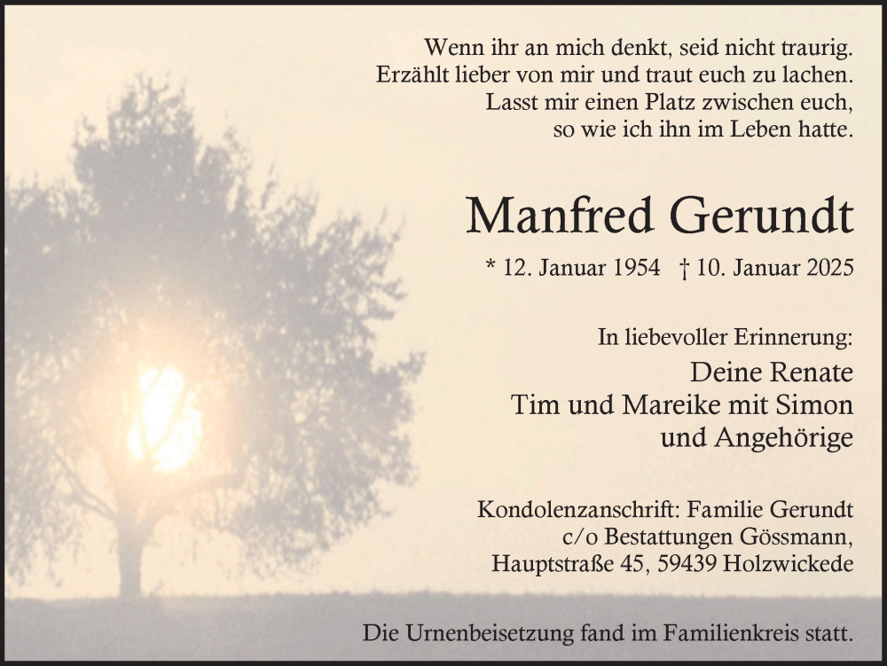  Traueranzeige für Manfred Gerundt vom 01.02.2025 aus Hellweger Anzeiger