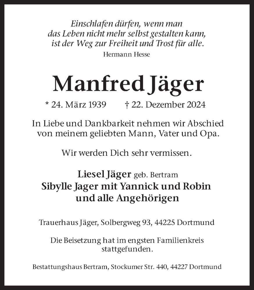  Traueranzeige für Manfred Jäger vom 11.01.2025 aus Ruhr Nachrichten