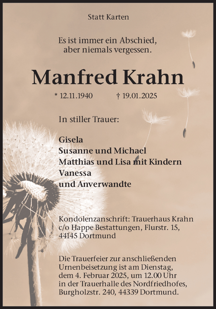  Traueranzeige für Manfred Krahn vom 25.01.2025 aus Ruhr Nachrichten