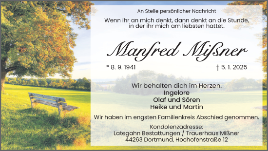Traueranzeige von Manfred Mißner von Ruhr Nachrichten