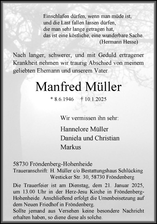 Traueranzeige von Manfred Müller von Hellweger Anzeiger