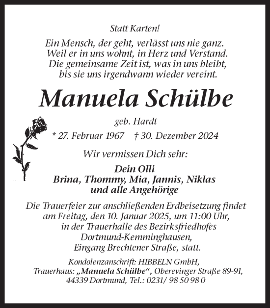 Traueranzeige von Manuela Schülbe von Ruhr Nachrichten