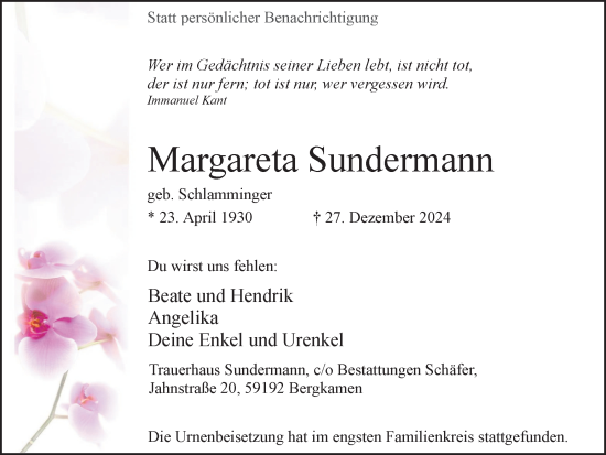 Traueranzeige von Margareta Sundermann von Hellweger Anzeiger