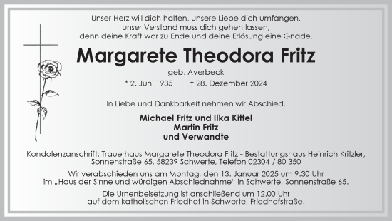 Traueranzeige von Margarete Fritz von Ruhr Nachrichten