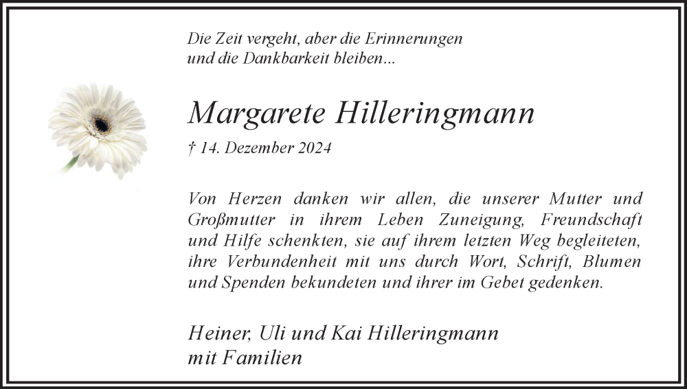  Traueranzeige für Margarete Hilleringmann vom 11.01.2025 aus Hellweger Anzeiger