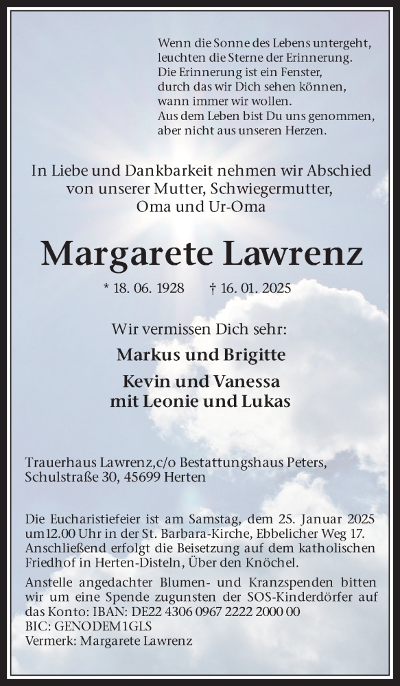  Traueranzeige für Margarete Lawrenz vom 22.01.2025 aus Trauer Vest