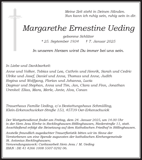 Traueranzeige von Margarethe Ernestine Ueding von Trauer Vest