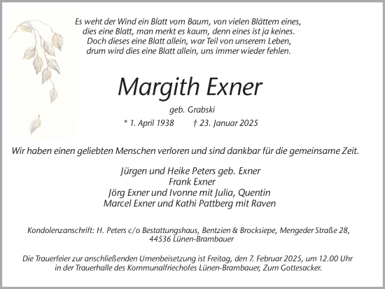 Traueranzeige von Margith Exner von Lüner Anzeiger