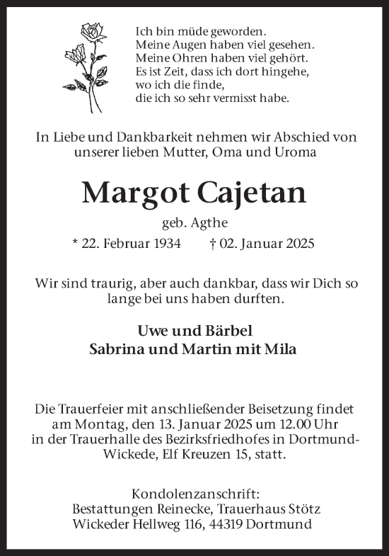 Traueranzeige von Margot Cajetan von Ruhr Nachrichten