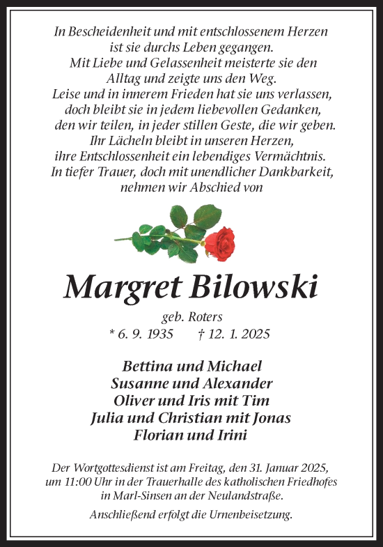 Traueranzeige von Margret Bilowski von Trauer Vest