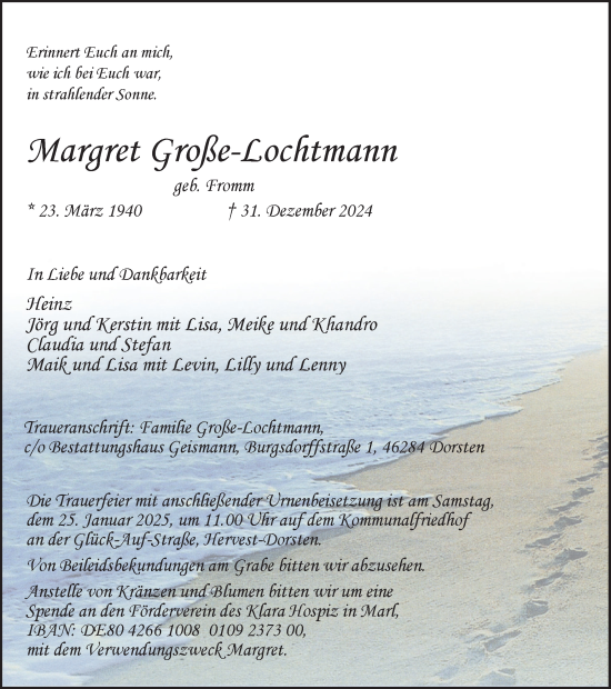 Traueranzeige von Margret Große-Lochtmann von Ruhr Nachrichten und Dorstener Zeitung