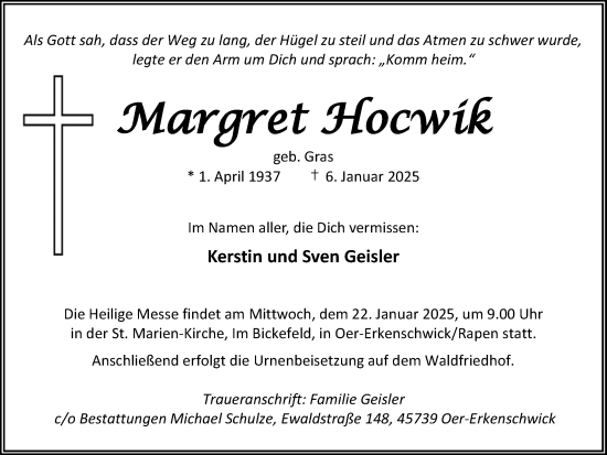 Traueranzeige von Margret Hocwik von Trauer Vest