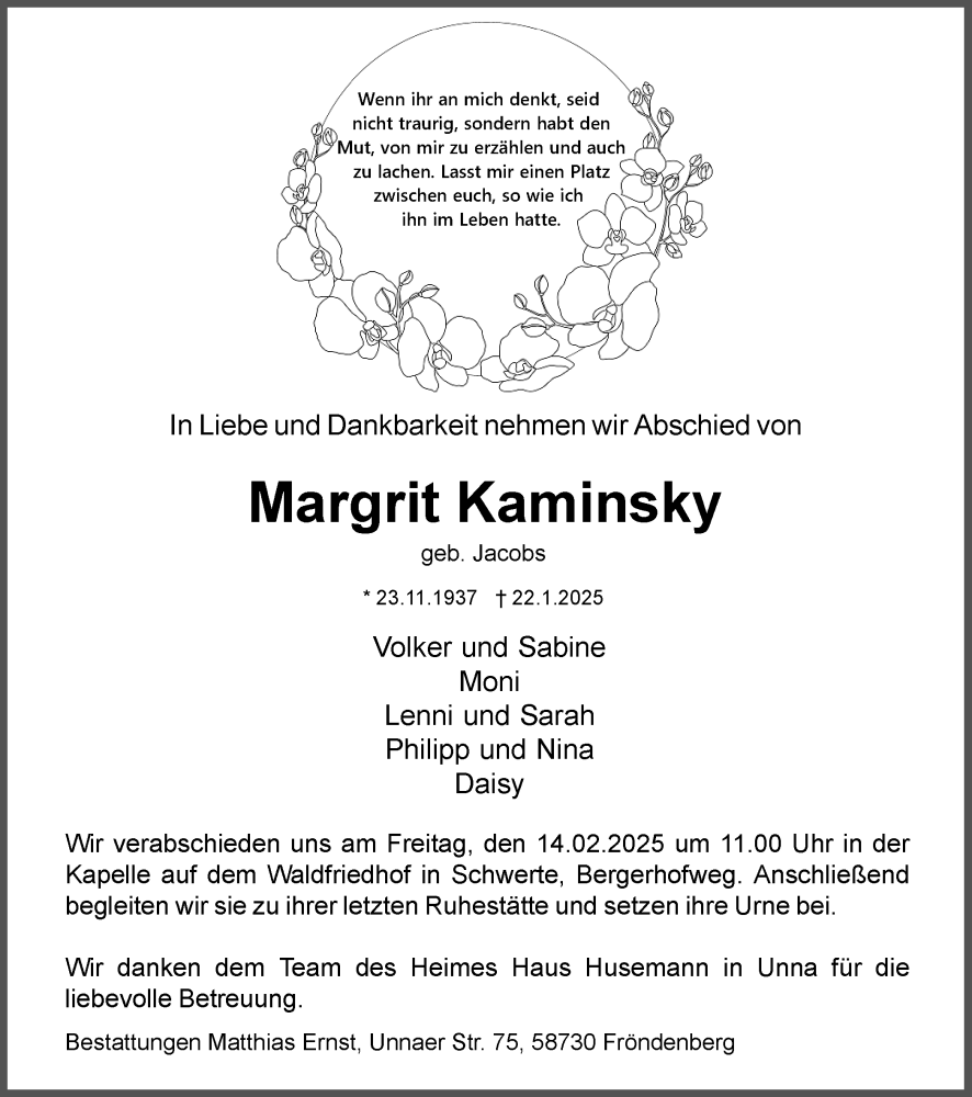  Traueranzeige für Margrit Kaminsky vom 01.02.2025 aus Ruhr Nachrichten