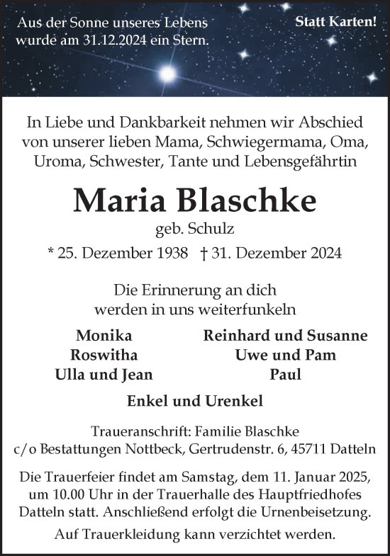 Traueranzeige von Maria Blaschke von Trauer Vest