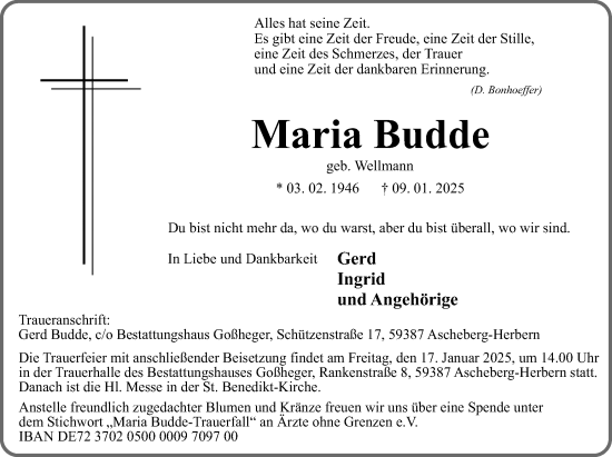 Traueranzeige von Maria Budde von Ruhr Nachrichten