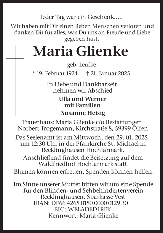Traueranzeige von Maria Glienke von Trauer Vest