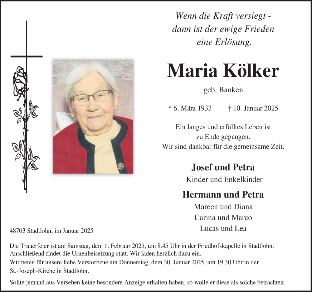  Traueranzeige für Maria Kölker vom 25.01.2025 aus Münsterland Zeitung