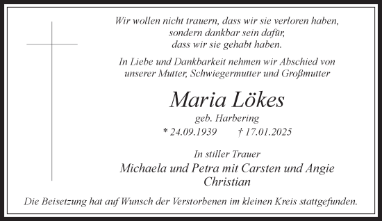 Traueranzeige von Maria Lökes 