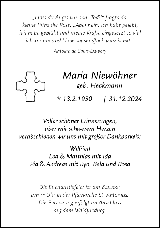 Traueranzeige von Maria Niewöhner von Trauer Vest