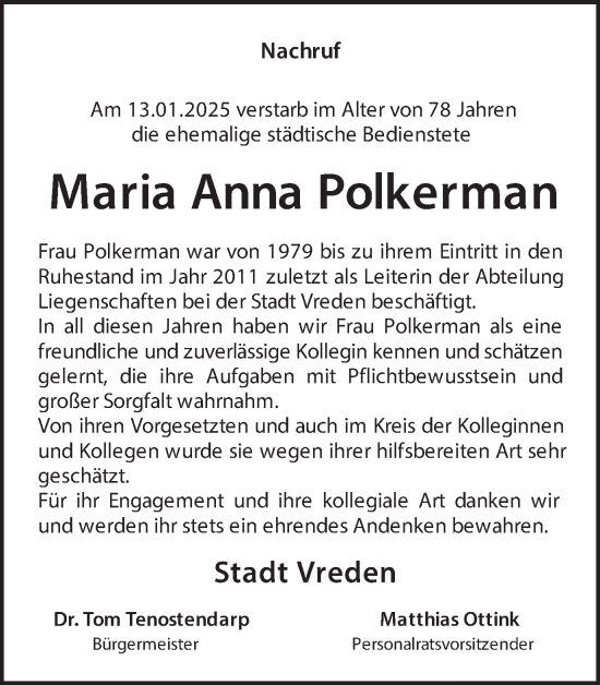 Traueranzeige von Maria  Polkerman von Münsterland Zeitung