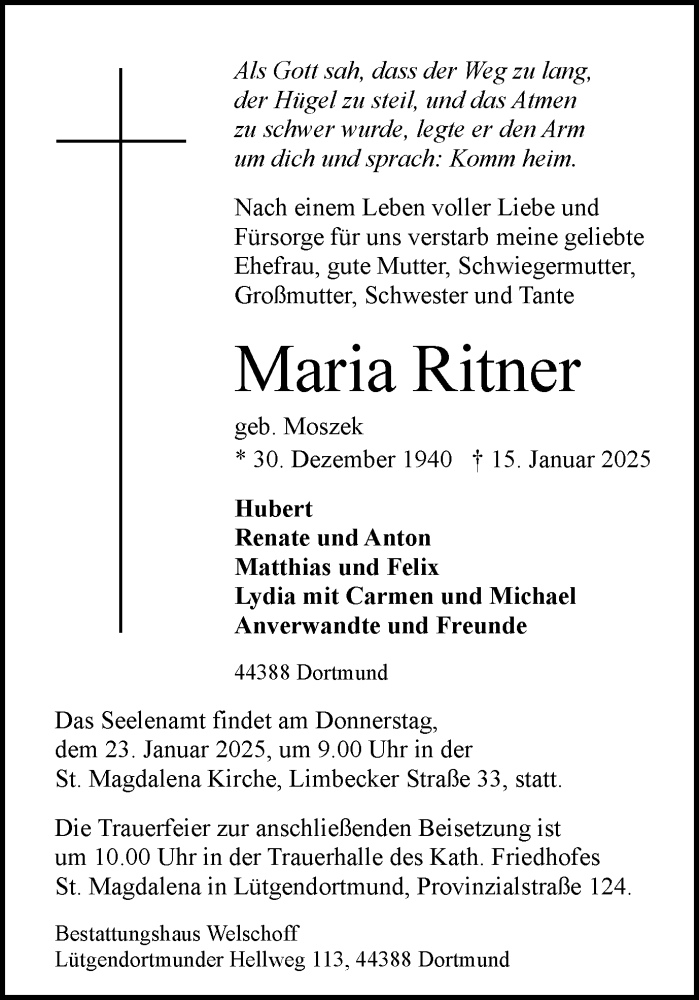  Traueranzeige für Maria Ritner vom 18.01.2025 aus Ruhr Nachrichten
