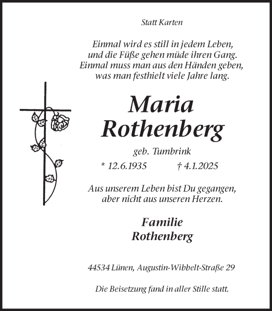 Traueranzeige von Maria Rothenberg von Lüner Anzeiger
