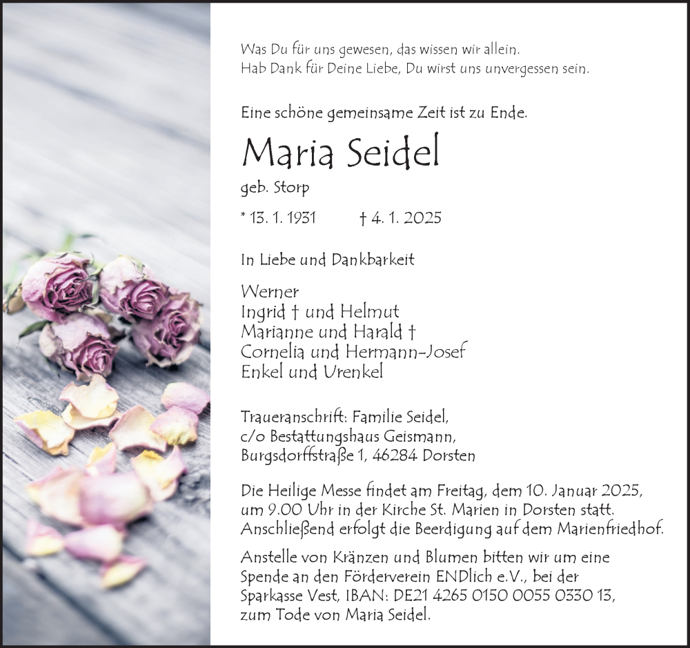 Traueranzeige für Maria Seidel vom 08.01.2025 aus Ruhr Nachrichten und Dorstener Zeitung