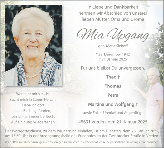 Traueranzeige von Maria Siehoff von Münsterland Zeitung